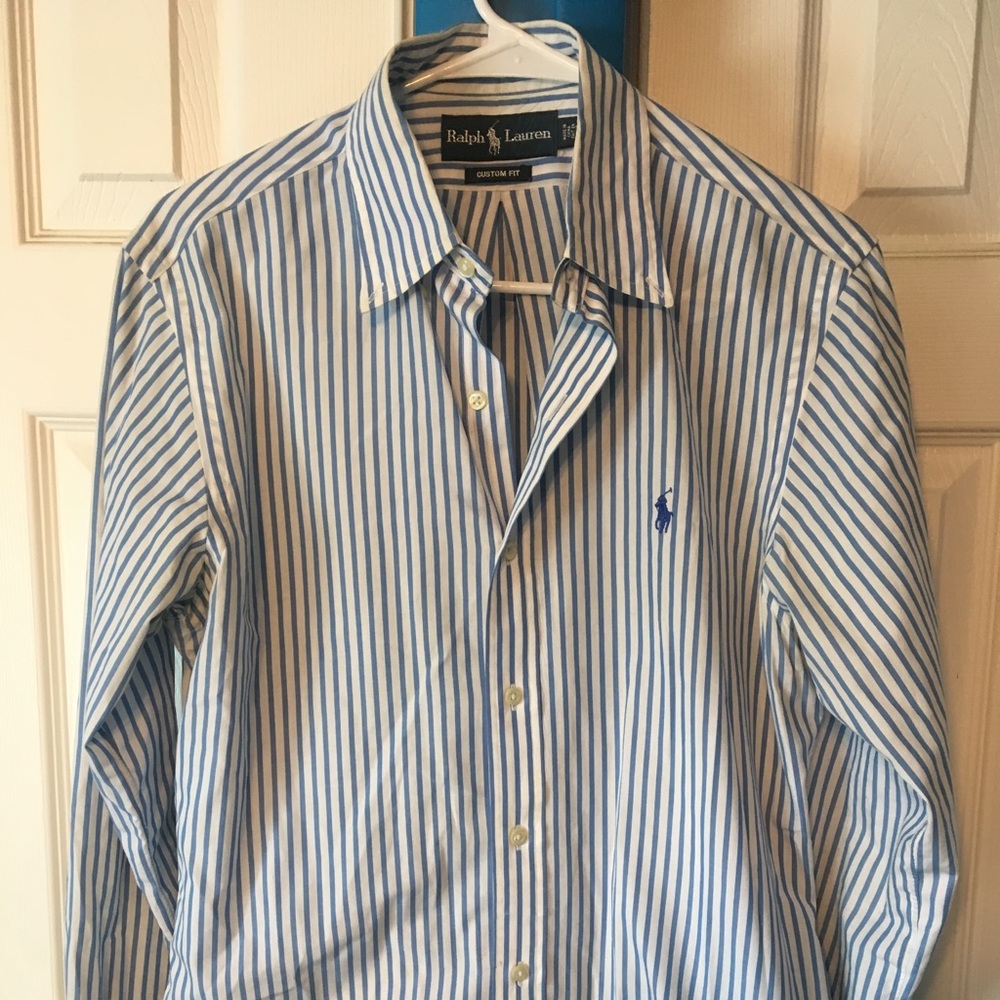 White/ baby blue Ralph Lauren long sleeve shirt